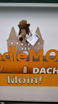 Moothel with the MoodleMoot DACH 2025 Lübeck Logo on the Holstentor